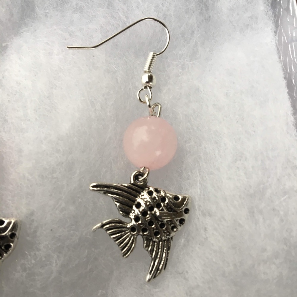 Pink Rose Quartz Angelfish Dangle Earrings - Picture 4 of 8